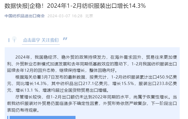 pg电子网站中国纺织品进出口商会：1—2月纺织服装出口增长143%(图1)